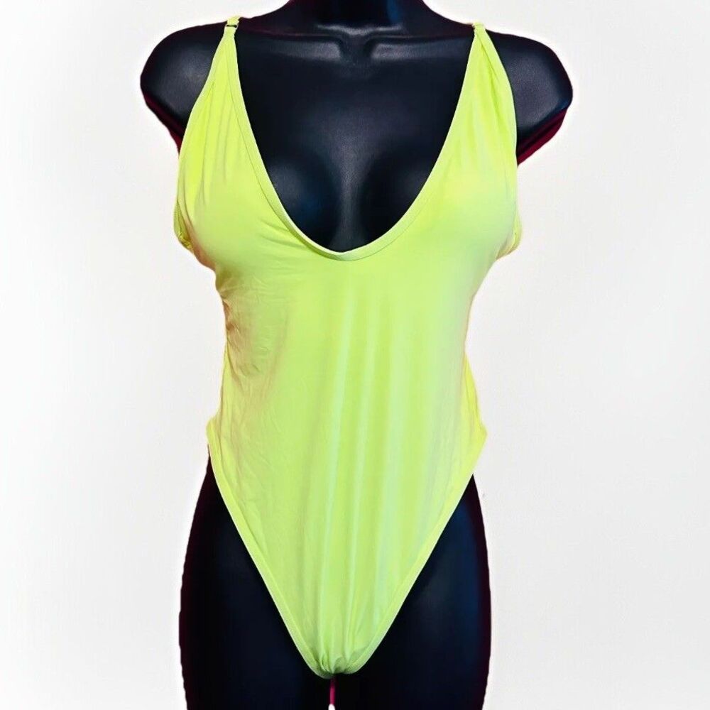 #8619 WOMENS NEON YELLOW ONE PIECE BATHING SUIT HIGH THIGH SIZE L